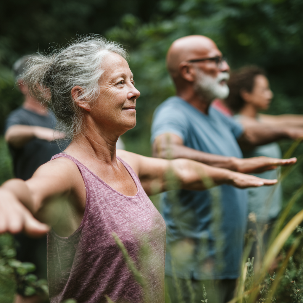 Middle-aged adults practicing gentle movement exercises in natural environment
