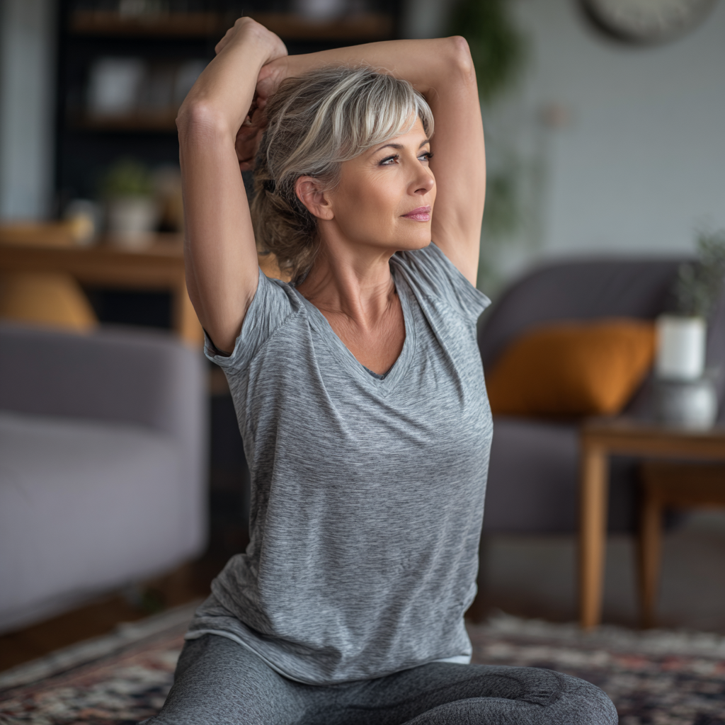 Middle-aged woman practicing gentle stretching exercises at home